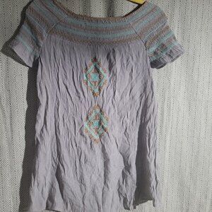 THML Scrunch Off The Shoulder Gray With Brown & Teal Embroidery Aztec Design Top